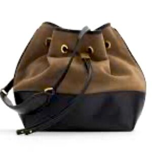 Zara contrasting Brown Suede split leather bucket bag Drawstring Handbag Purse